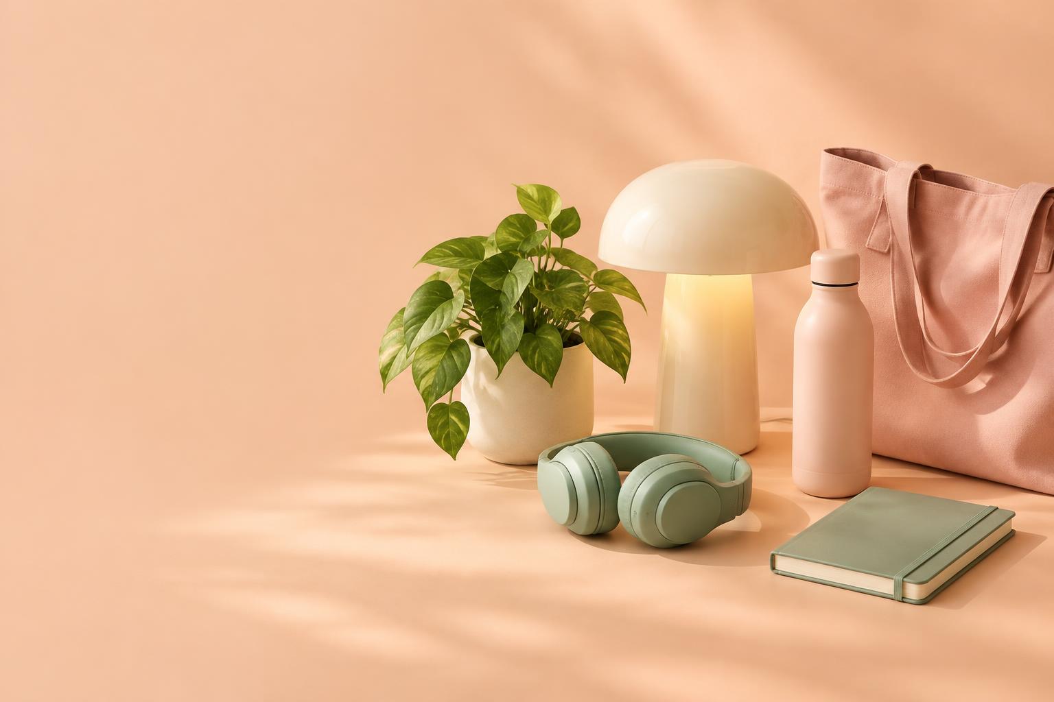 Pastel everyday essentials including a lamp, headphones, notebooks and a tote